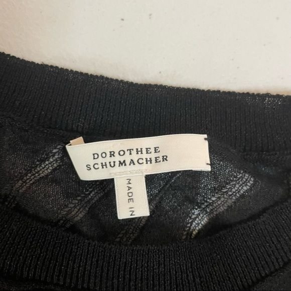 DOROTHEE SCHUMACHER SHEER STRIPED CREW NECK STEP HEM BOXY KNIT LINEN BLEND BLACK - Picture 4 of 6